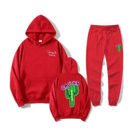 Casual Cactus Jack Sweatpants and Hoodie Set Red