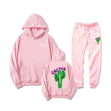 Casual Cactus Jack Sweatpants and Hoodie Set Pink
