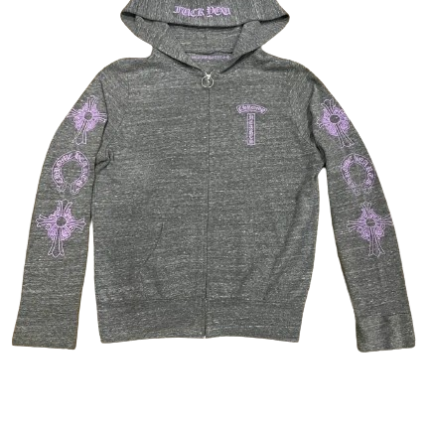 RARE Chrome Hearts Floral Cross Pink Logo Zip Up Grey Hoodie