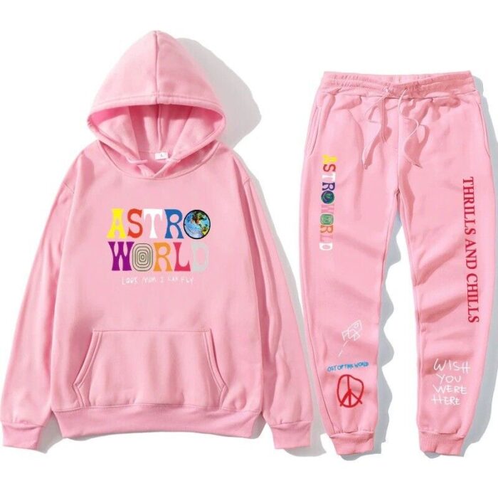 Travis Scott Astroworld Pants and Hoodie Set Pink